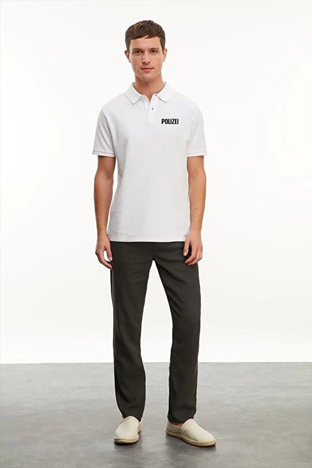 Men's Polo Collar Buttoned T-Shirt with Pique Print - White
