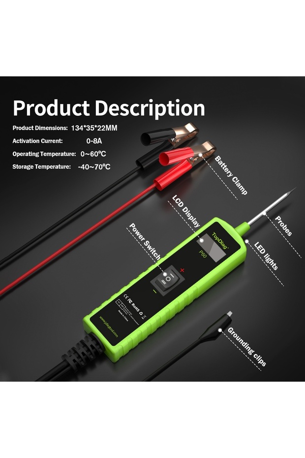 TopDiag P60 Car Electrical Circuit Tester, 6-30V, Diagnostic with LCD display, Short Circuit - 13