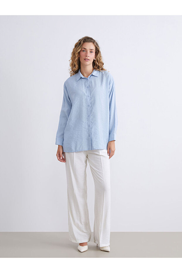 Mavi Oversize Modal Karışımlı Kadın Gömlek Tunik - 5