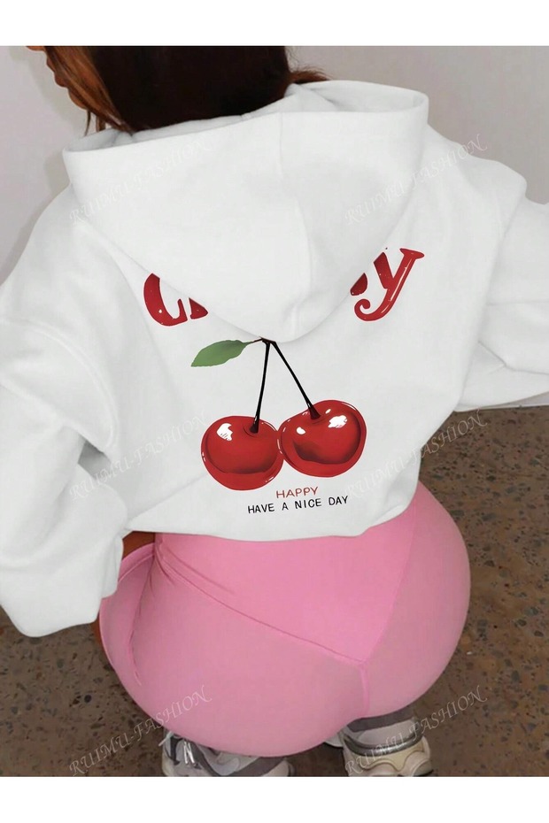 Cherry Baskılı Kapüşonlu Oversize Sweatshirt - 3