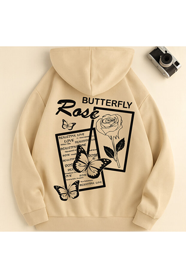 Hooded Oversize 3 Thread Butterfly and Rose Printed Sweatshirt