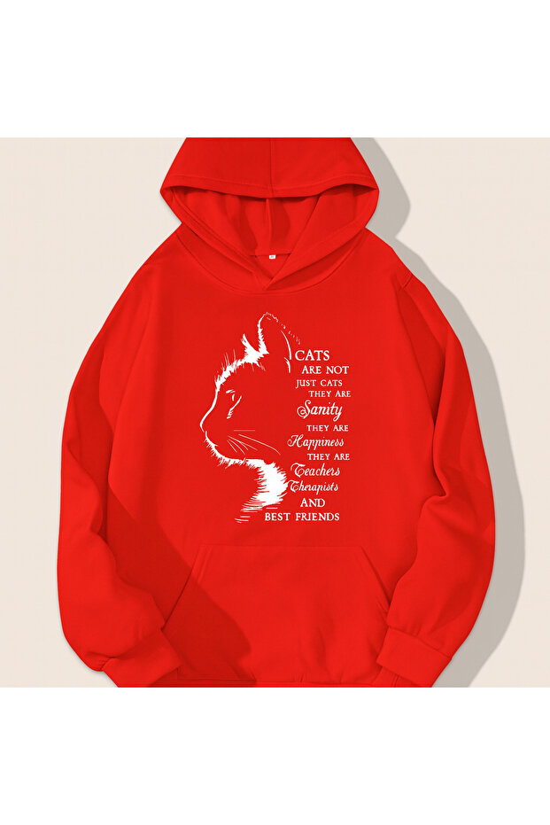 سويت شيرت كبير الحجم بقلنسوة و3 خيوط مطبوع عليه قطة - 1