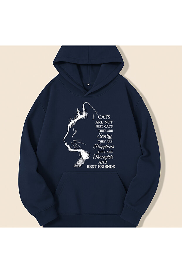 سويت شيرت كبير الحجم بقلنسوة و3 خيوط مطبوع عليه قطة - 1