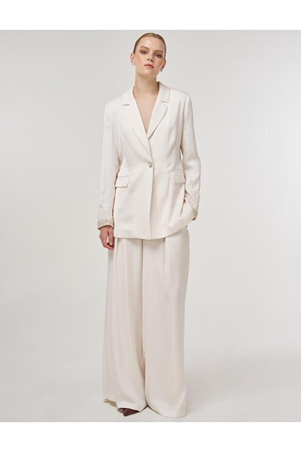 Jachetă Blazer Brodată Ecru - 1