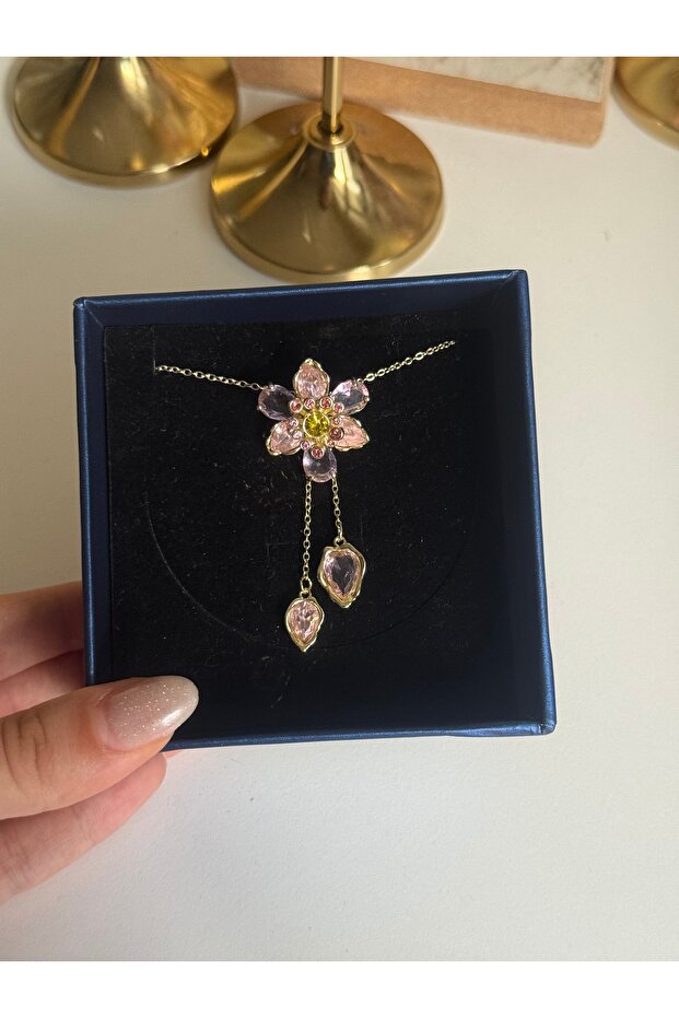 Çelik Pembe Çiçek Kolye - 1