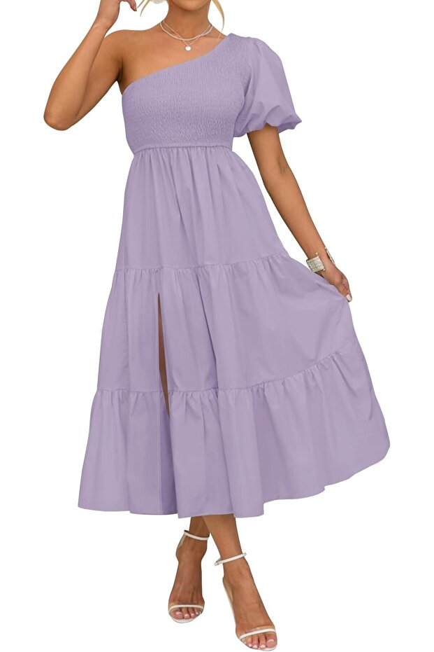 Women's Boho Summer One Shoulder Short Sleeve Smocked Side Split Ruffle Swing Midi Dress