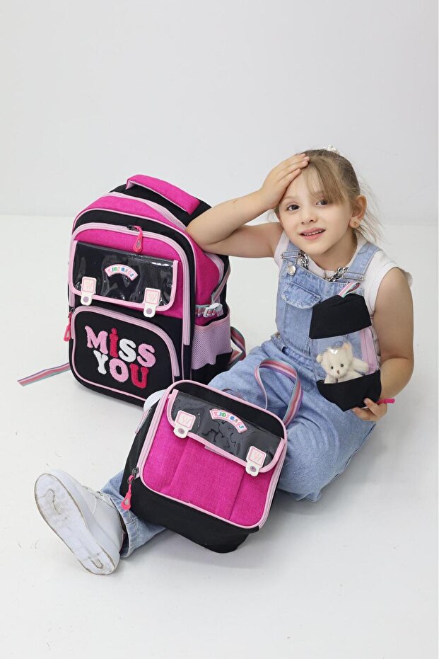 Miss You Black 3-Piece School Bag Set Backpack Lunchbox Pen Holder Primary School Plush Toy