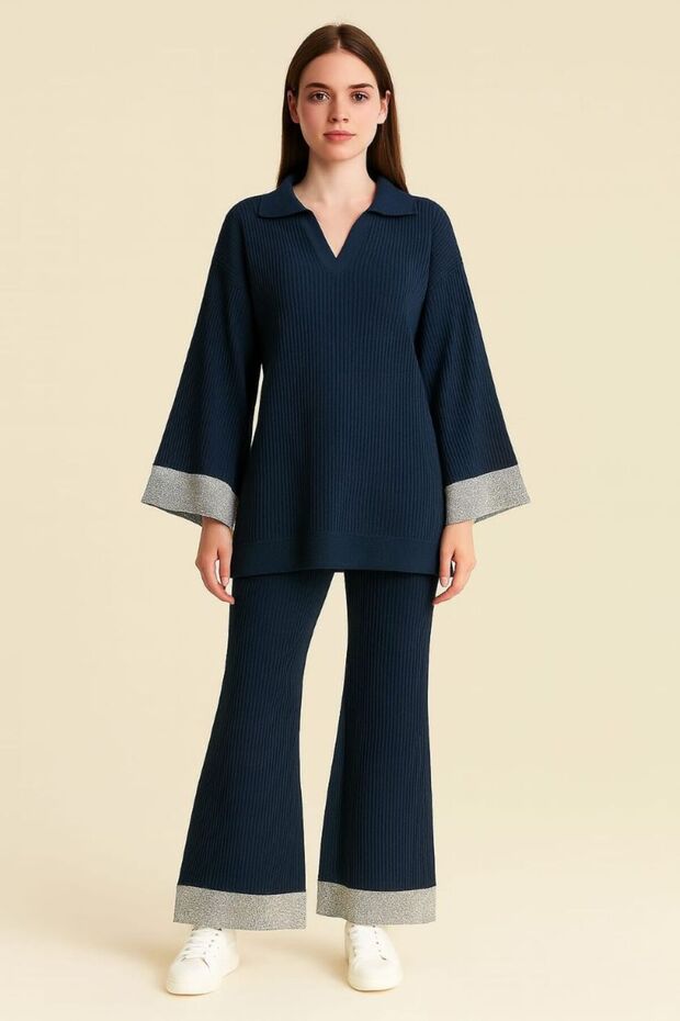 Women's Twill Spanish-Style Pants with Sequin Detail Polo Neck Top and Bottom Set
