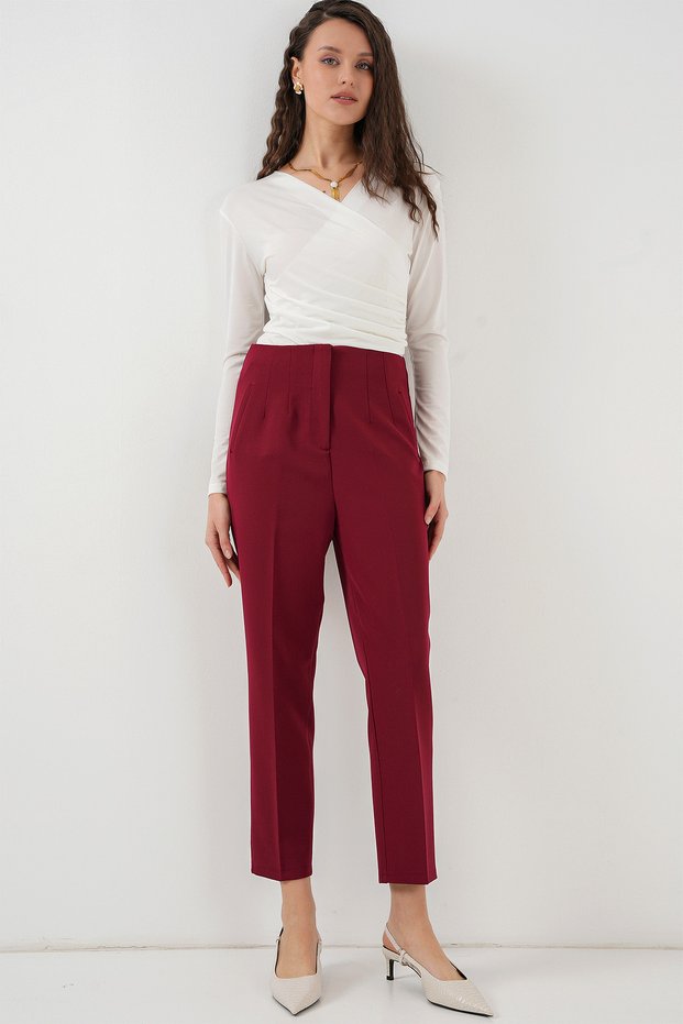 Women's High Waist Fabric Trousers Claret Red 1270