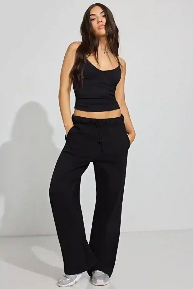 Black Basic Tube Leg Women's Sweatpants Sh262