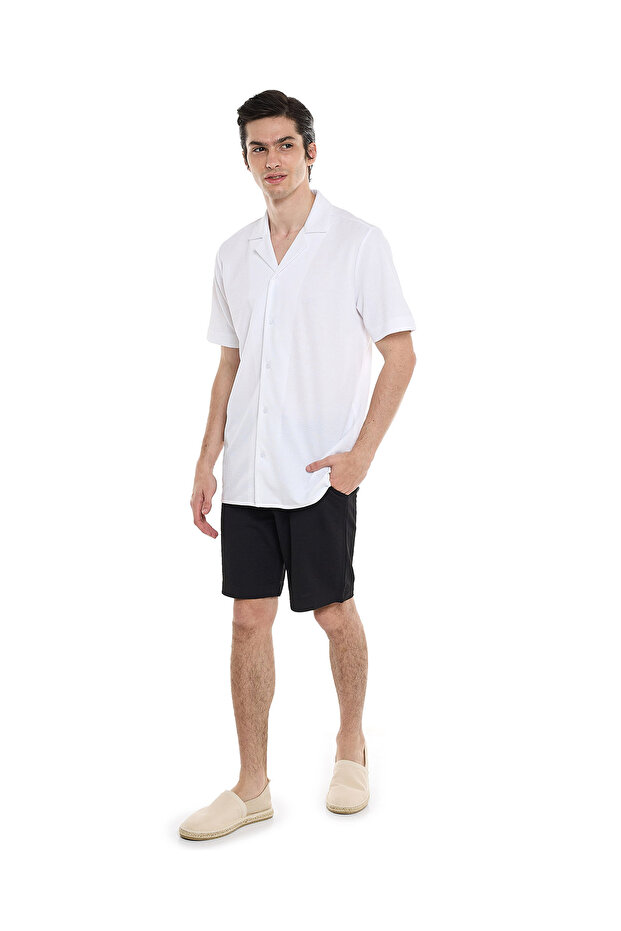 Textured Shirt with Revere Collar and Short Sleeves