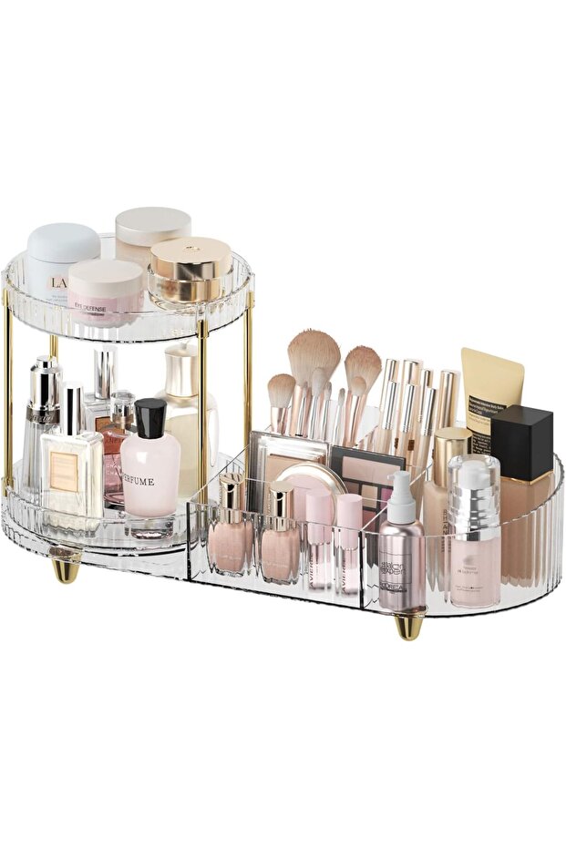 Makeup Organizer Countertop for Vanity, Rotating Perfume Tray with 5-compartment Cosmetic and Skinca