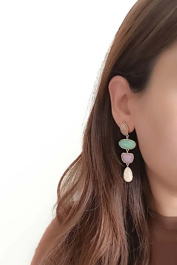 Pudra Yeşil Krem Sıralı Pastel Renkler Marka Model Sallantılı Retro Uzun Küpe - 2