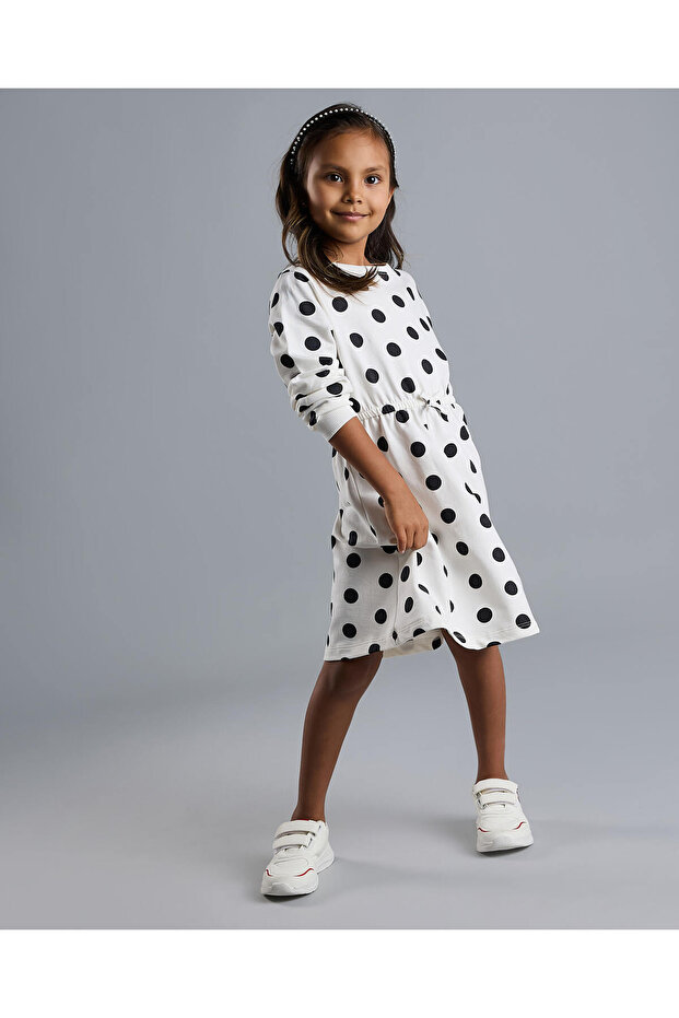 Polka Dots Flared Dress with Crew Neck and Long Sleeves