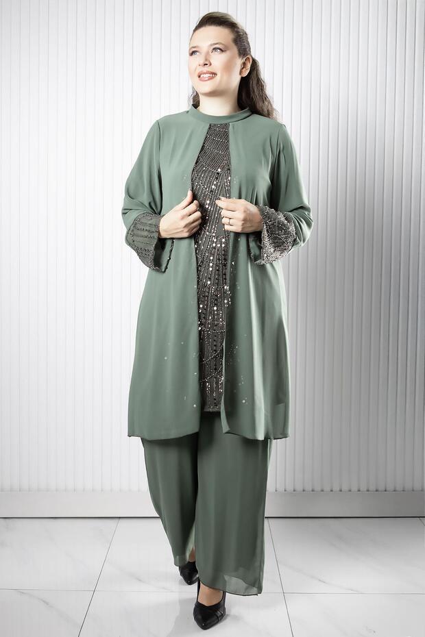 Chiffon Sandy Stone Embroidered Plus Size Hijab Evening Dress Blouse Pants Suit Tbs962