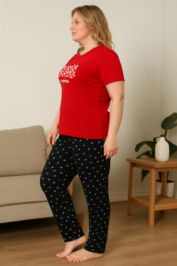 Red Large Size Pajama Set Printed - 2
