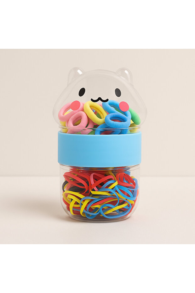 Colorful and Pastel Hair Rubber Set – Thin Elastics in Transparent Box + Thick Buckle with Cute Teddy Bear Cover