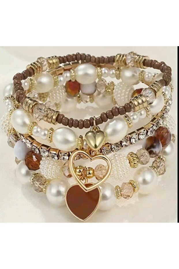 VİP 5 adet retro tarzlı yapay elmas ve imitasyon inci malzemeli bileklik set - 4