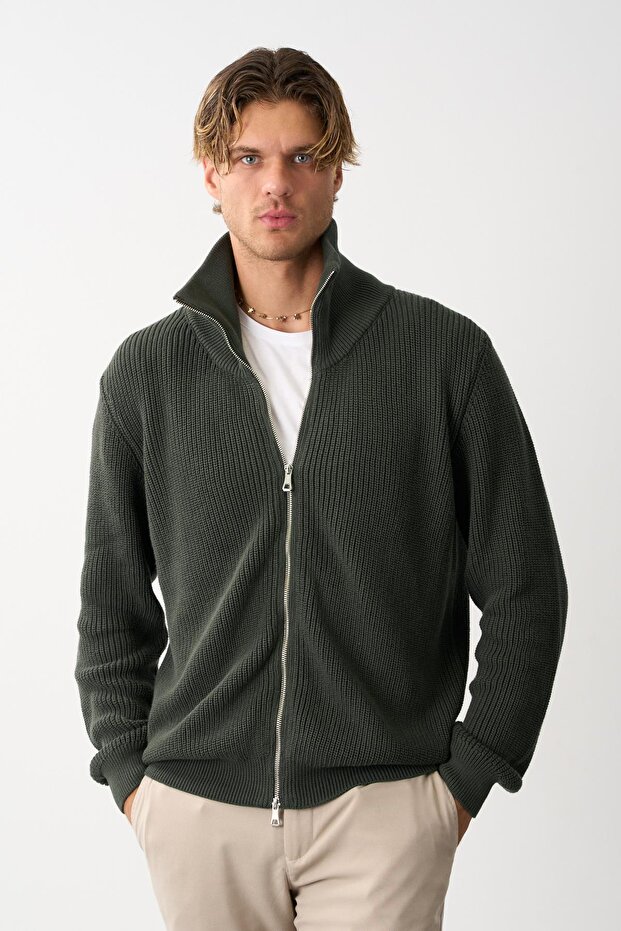 Erkek Regular Fit Selanik Örgü Pamuklu Fermuarlı Haki Triko Hırka - 1