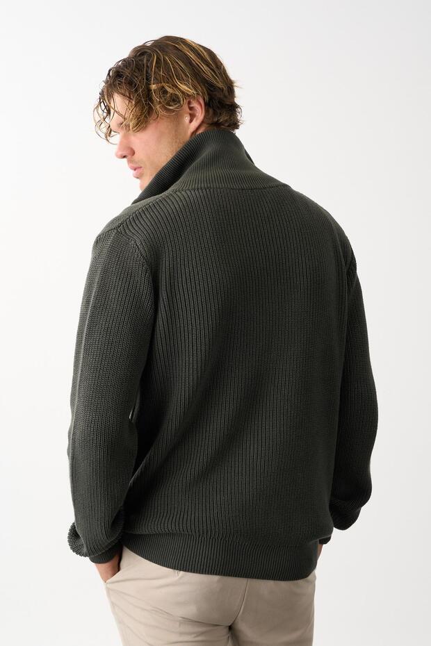 Erkek Regular Fit Selanik Örgü Pamuklu Fermuarlı Haki Triko Hırka - 6