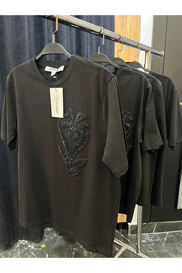 boncuk işlemeli tshirt siyah - 5