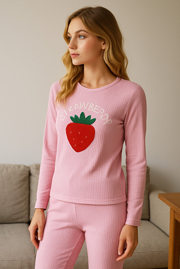 UZUN KOLLU PEMBE PİJAMA TAKIMI STRAWBERRY - 3