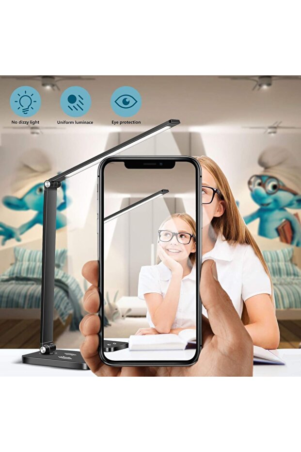 SKY-TOUCH Foldable LED Desk Lamp - Touch 3-Level Brightness, 5 Color Temperatures, Wireless Phone Ch - 4
