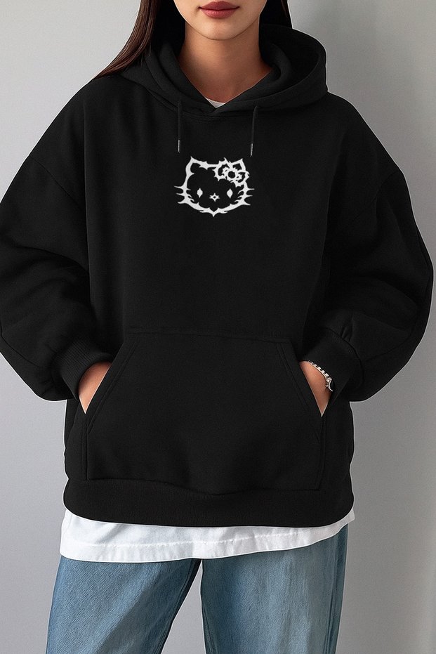 Metallic Punk Hellokitty Printed Women's Black&Gray Hooded Sweatshirt - Women's Printed Hoodie