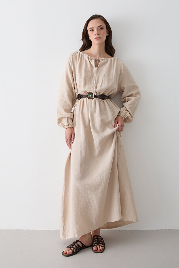 Natural Binding Detailed Muslin Dress - 2004