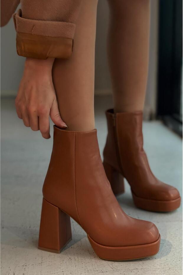 Rivoks Mat Deri Platform Topuklu Bot Taba - 3