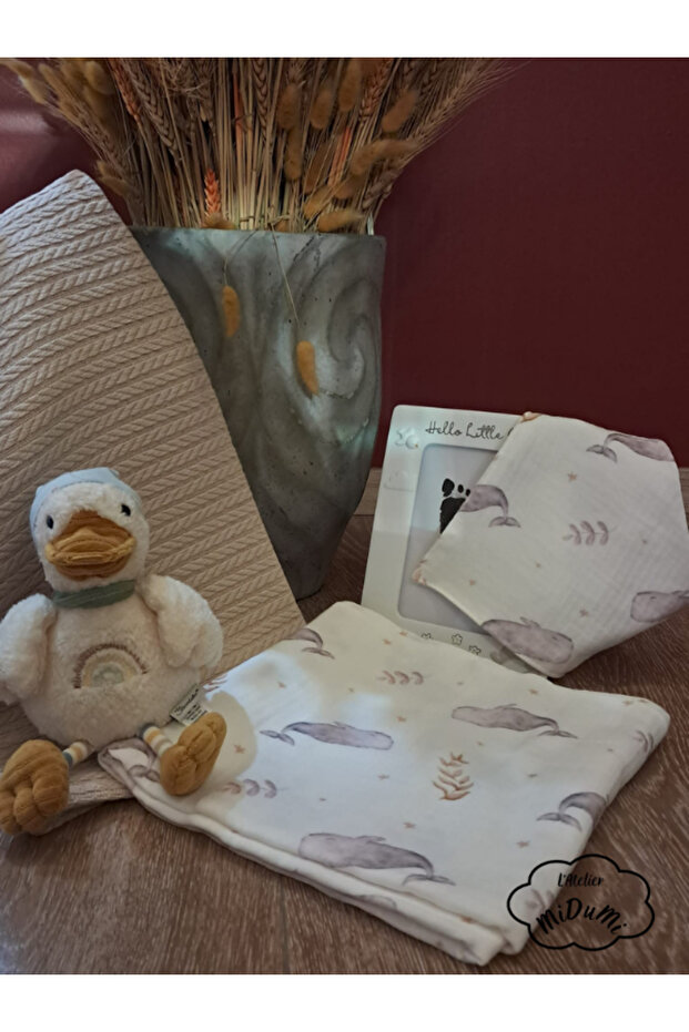 Baby Boy, 3-Pack Capicuno Pike 90*115cm, Double Layer Woven Muslin Blanket with Whale Design 100*105cm and Scarf Tk (Waterproof Zippered Organizer Bag as a Gift.)