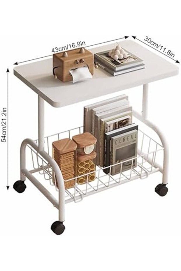 2-Tier Side Table with Wheels, End Table with Removable Storage Basket, Modern Bedside Table for Sma - 8