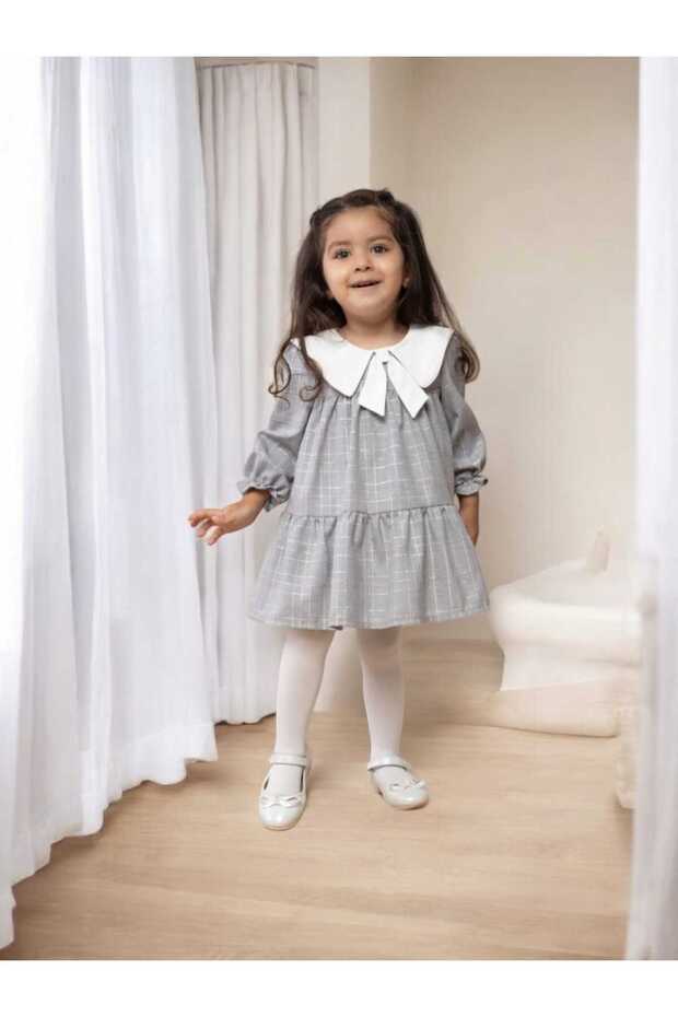 Glitter Plaid Collar Detailed Girls Dress