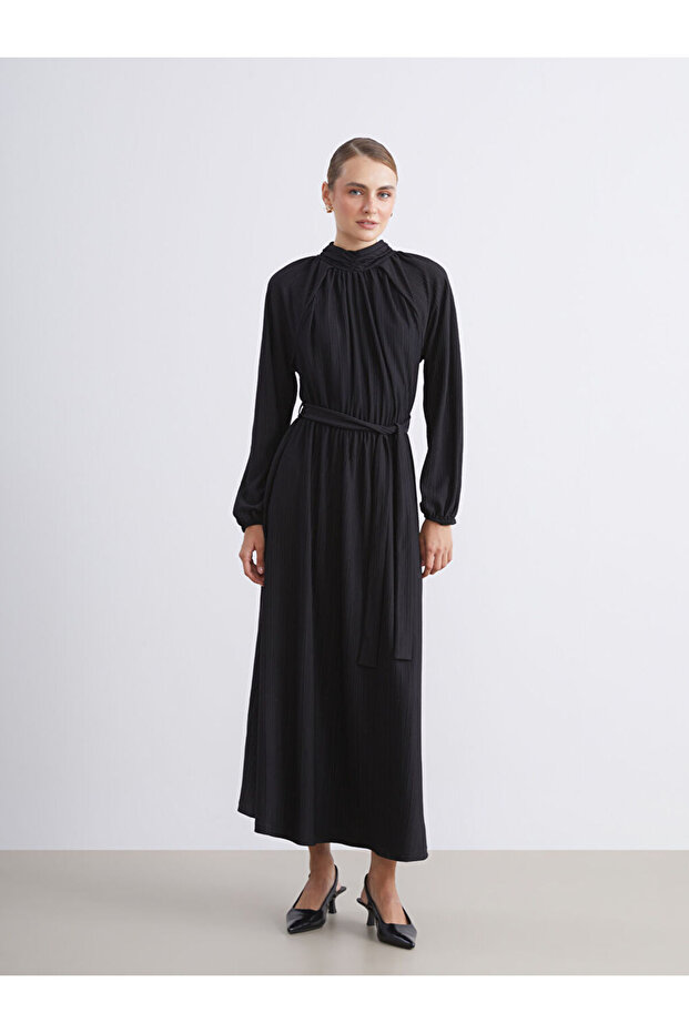 Lcw Modest Black High Collar Textured Dress