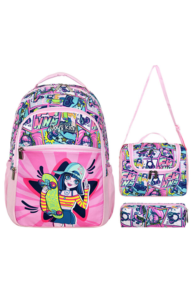 Joy's Kids 3-Piece School Set - Colorful Patterned Girls' Backpack, Lunchbox and Pen Holder
