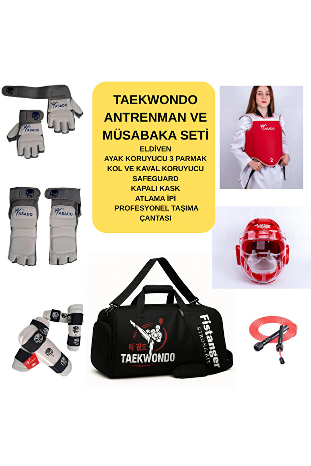 Genel Markalar Haşado Taekwondo 7’li Set | Eldiven, Koruyucu, Kapalı Kask, Safeguard, Çanta, Atlama İpi