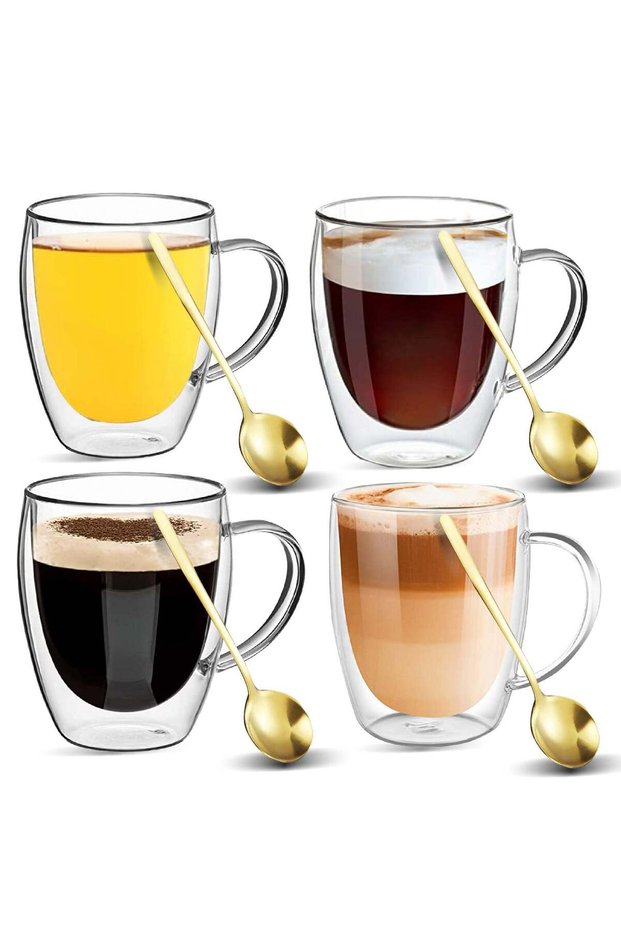 Double Walled Glass Coffee Mug Set of 4 with Golden Stainless Steel Spoons, 350ml Insulated Glass Tea Cup and Coffee Mug with Handle, Heat Resistant Borosilicate Glass