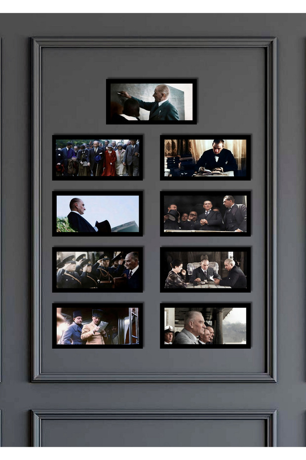 Ataturk 9-Piece Painting Set - 20X10 cm Mdf Uv Printing Black Frame Look Wall Decoration