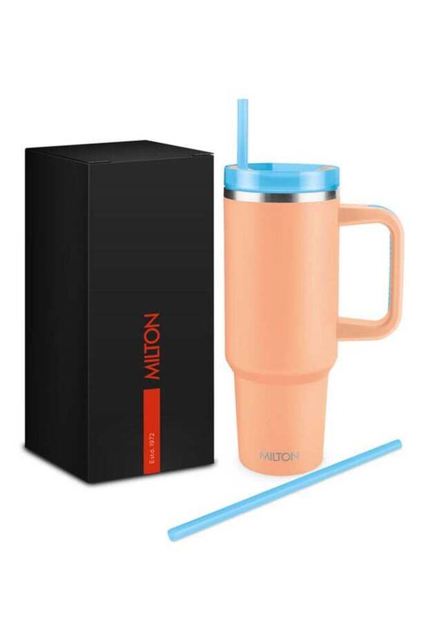 MILTON 1180ml Vacuum Insulated Tumbler with Handle - Includes 2 Straws, Keeps Drinks Hot or Cold for 12 Hours, 18/8 Stainless Steel, Double-Walled Flask, Travel Mug for Car & Outdoors - Malmo - Peach