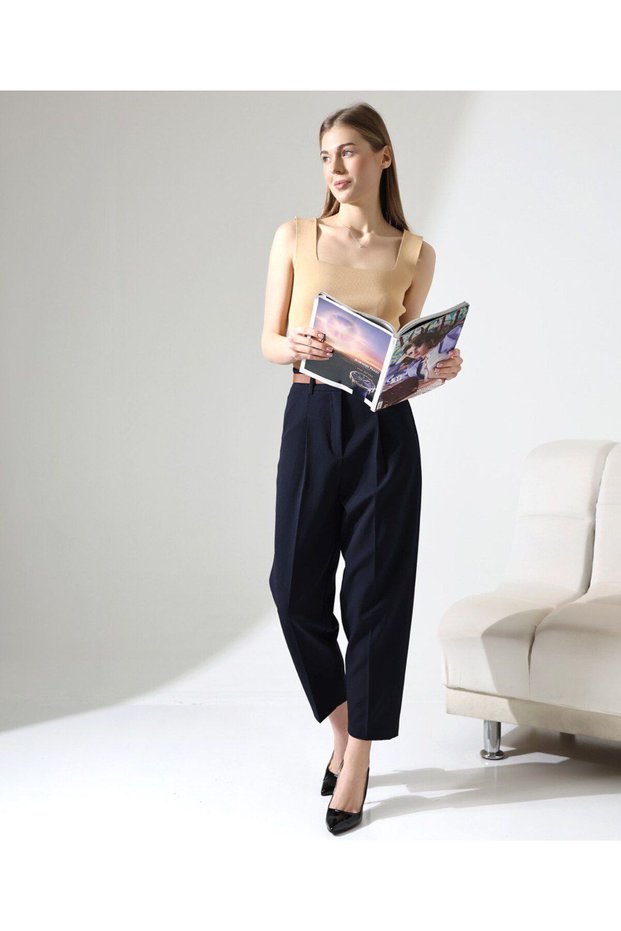 Women's High Waist Straight Carrot Cut Pleated Belt Fabric Pants, the New Name of Elegance Navy Blue
