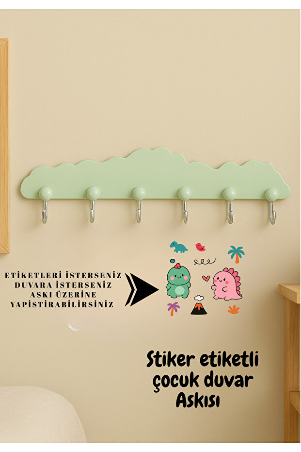 Children's Wall Hanger with Sticker Label | Decorative Hanger with 6 Hooks | Cute Dinosaur Sticker Gift