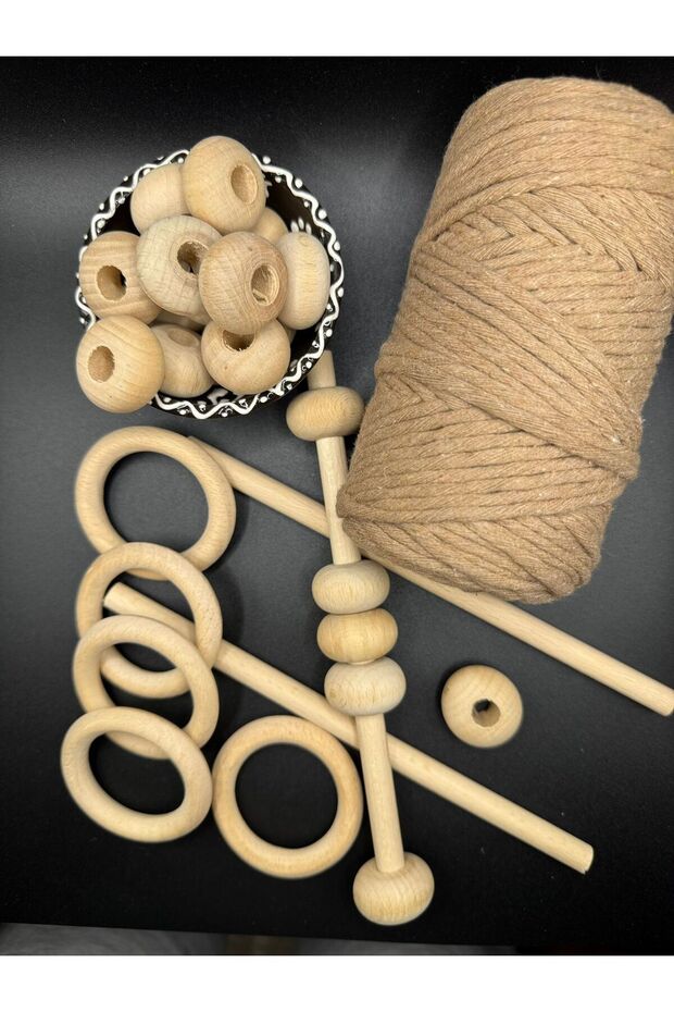 Makrome Seti (3 Adet 40 cm Çubuk-1 Adet 3 mm Tarama İp-5 Adet 6 cm Halka-50 Gram Ahşap Boncuk) - 2