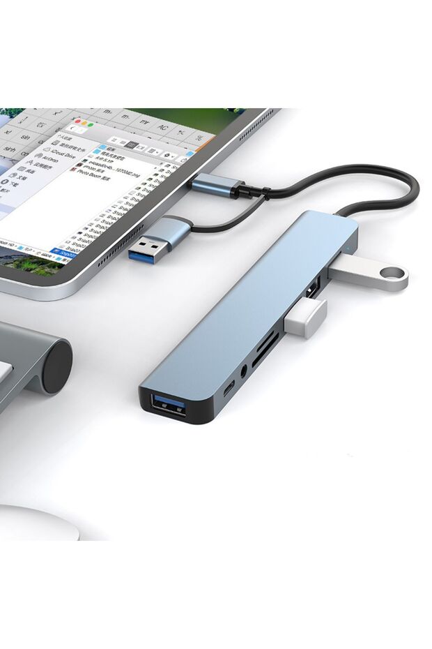 8 in 2 Usb 3.0 + Type-c To 4x Usb Typec Micro sd Aux Çevirici Adaptör Dönüştürücü Çoklayıcı Usb Hub - 1