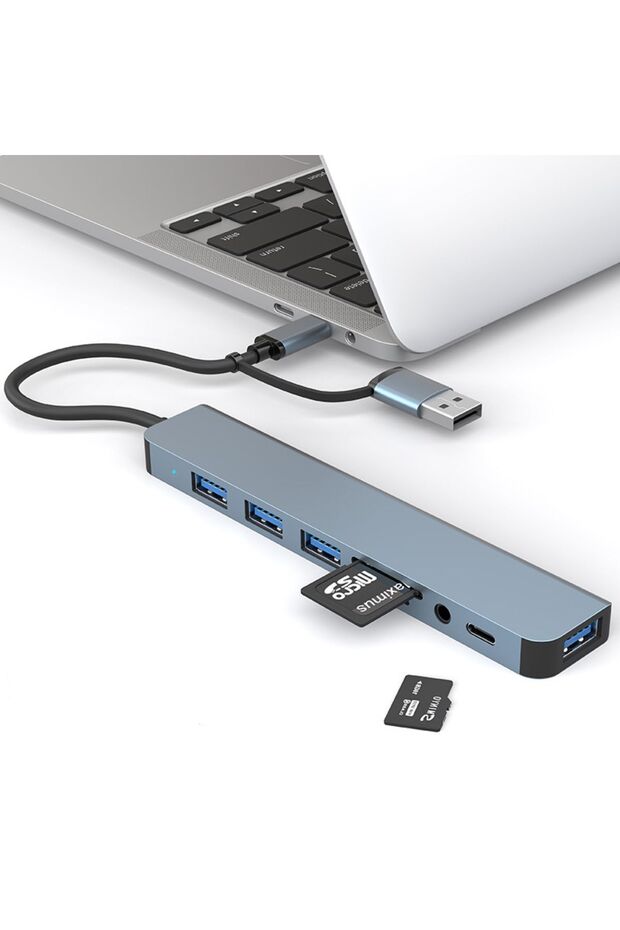 8 in 2 Usb 3.0 + Type-c To 4x Usb Typec Micro sd Aux Çevirici Adaptör Dönüştürücü Çoklayıcı Usb Hub - 3