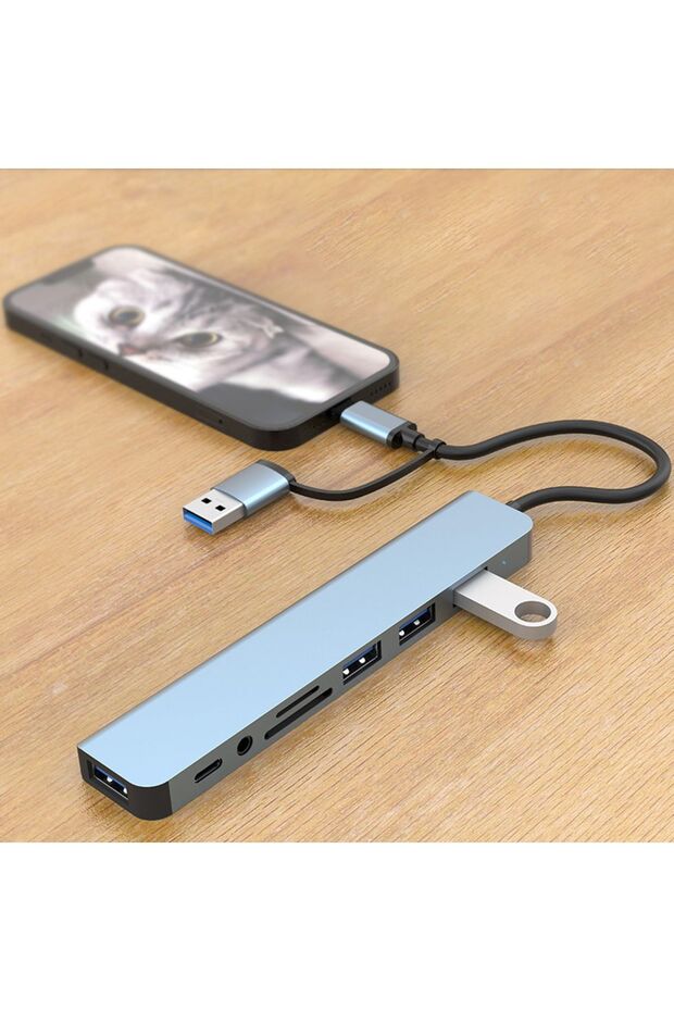 8 in 2 Usb 3.0 + Type-c To 4x Usb Typec Micro sd Aux Çevirici Adaptör Dönüştürücü Çoklayıcı Usb Hub - 2