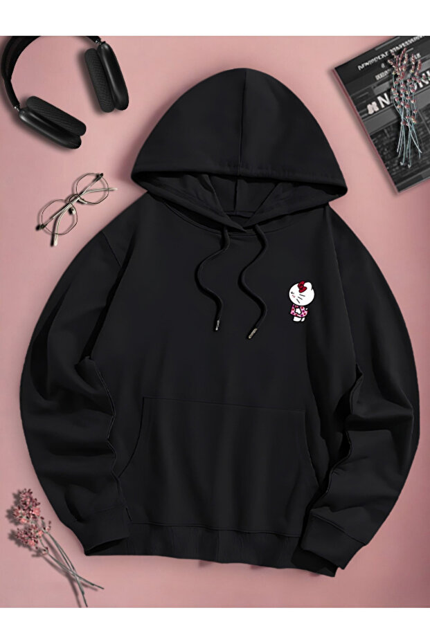 Black Women's Black Hello Kıtty Printed 3 Thread Hooded Hoodie