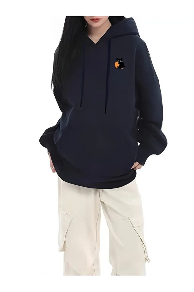 Navy Blue Women's Navy Blue Logo Cat Printed 3 Thread Hooded Hoodie