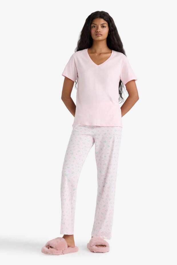 Pijama Takımı Regular Fit Kısa Kollu Üst Uzun Alt-Fall in Love F6987AX25AU - 2