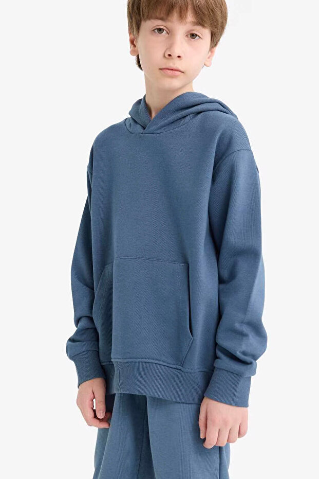 Basic Düz Kapüşonlu Okul indigo Erkek Çocuk Sweatshirt E9558A8/IN257 - 3