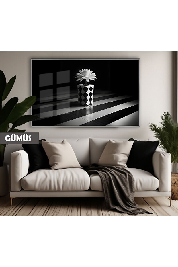 Amazing | Black&White Color Checkerboard Pattern Flower Model | Framed Tempered Glass Table Single Horizontal